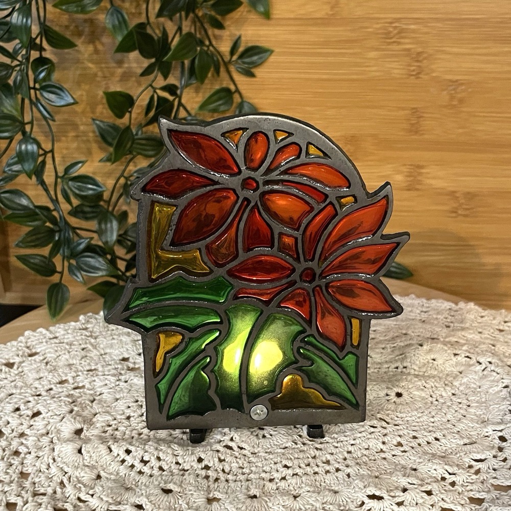 Vtg Stained Glass Cast Iron Tea Light Candle Holder Poinsettia Christmas Taiwan